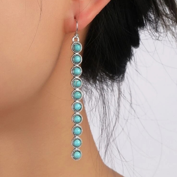 Turquoise Silvertone Long Drop Southwestern Boho Dangle Earrings - Picture 5 of 7
